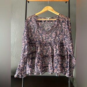 Joie 100% silk sheer navy blouse with pink floral pattern